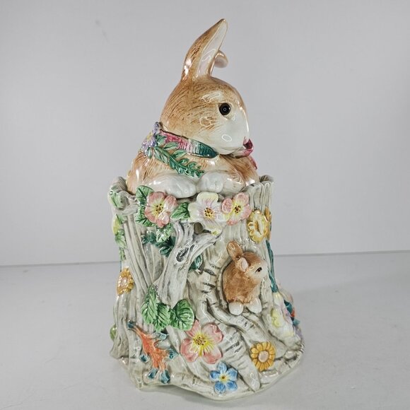 Vintage Fitz & Floyd Woodland Spring Bunny Rabbit Canister Jar *Chips* - Picture 2 of 9